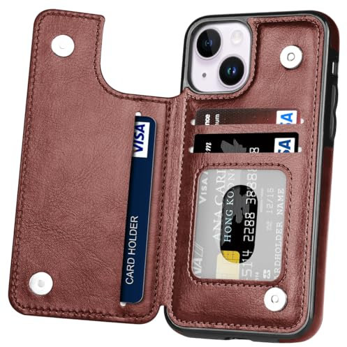 Hoofur for iPhone 13 Case, for iPhone 14 Wallet Case with Card Holder, PU Leather Card Slots Shockproof Folio Flip Protective Shell for iPhone 13/14 (Brown)