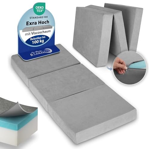 Beautissu Premium L Klappmatratze 75x195cm Gästebett faltbar inkl. Tasche – extra dick Visco-Matratze hoher Schlafkomfort – waschbar Gästematratze klappbar einfacher Transport – Grau