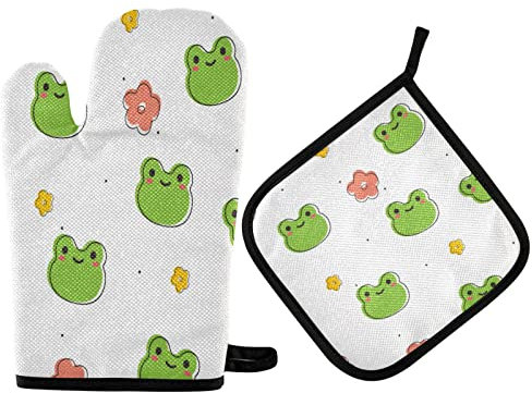 Segur Ofenhandschuhe und Topflappen im Frosch-Design, hitzebeständig, rutschfest, waschbar, Ofenhandschuhe und Topflappen zum Kochen, Backen, Grillen, 2 Stück