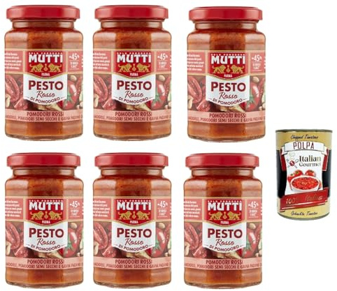 Italian Gourmet Pesto Rosso Tomatenpesto im Glas mit Grana Mandeln 6 x 180g | Sapore intenso, rote Creme für Bruschetta, schnelle Gerichte, Würzen und, Gesamtnettogewicht 1,08 kg + Kostenlos Polpa 400g