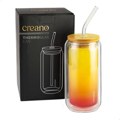 Creano Verre à double paroi avec couvercle en bambou et paille - 360 ml - Gobelets à smoothie - Bubble Tea - Verre à cocktail