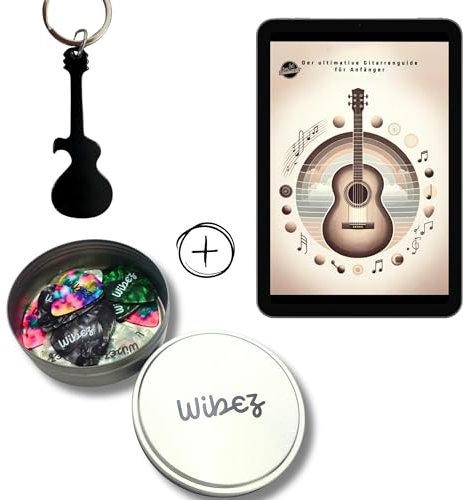 Wibez Gitarren-Accessoire-Set mit 20 Plektren - Plektrenbox, Multifunktions-Schlüsselanhänger & E-Book für Gitarrenanfänger - Starter-Set - Made in Germany - Ideal für Beginner