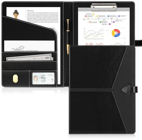 Toplive Portfolio Folder A4 Conference Folder with No Ring Binder, A4 Leather Document Bag for Interview, Conference,School and Presentation, Black
