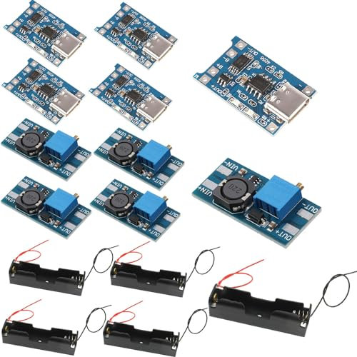 VISSQH 5 pcs Tipo-C USB 5V 1A 18650 modulo caricabatteria al litio con doppia funzione di protezione+ 5 pcs 2A DC-DC Step Up Converter +5 pcs portabatteria 18650