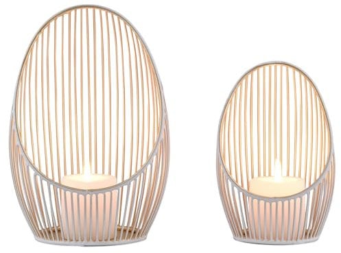 Marrakesch 2er Set Boho Deko Aesthetic Windlichter Metall Draht 28 & 23 cm groß Weiss Gold | Windlicht Teelichthalter Palmis als Gartendeko, Wohnzimmer Tisch Deko | Exquisite Kerzenständer