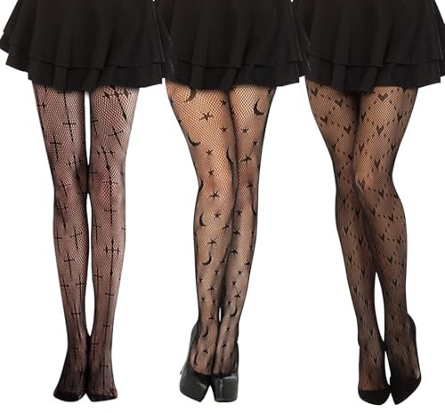 ChAusa 3 Paires Halloween Medias Mujer Medias de Rejilla Negras de Halloween Medias de Halloween Medias Negras para Halloween Medias de Malla Negra Gótica para Chicas Disfraz de Halloween a La Moda