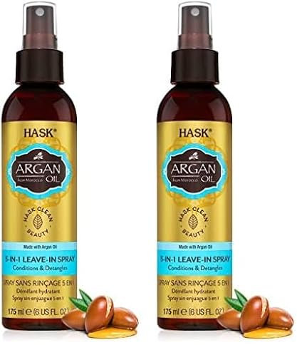 HASK Argan Oil 5-in-1 Leave In Conditioner Spray, repairing for all hair types, colour safe, gluten free, sulfate free, paraben free - 1 175ml Bottle (Pack of 2)