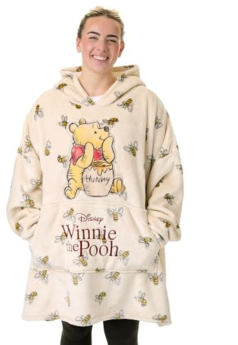 Disney Winnie l'ourson Couverture portable a capuche pour femme | Pull a capuche beige pour adultes avec personnage d'ours en peluche et bourdon partout imprime