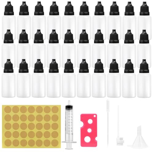 30 pcs 20ml Dropper Bottles, Plastic Droppers For Liquids Black Paint Dropper Bottles, Translucent Empty Vape Bottles Portable Eye Dropper Bottle with Dispensing Set, Bottle Opener, Dot Stickers