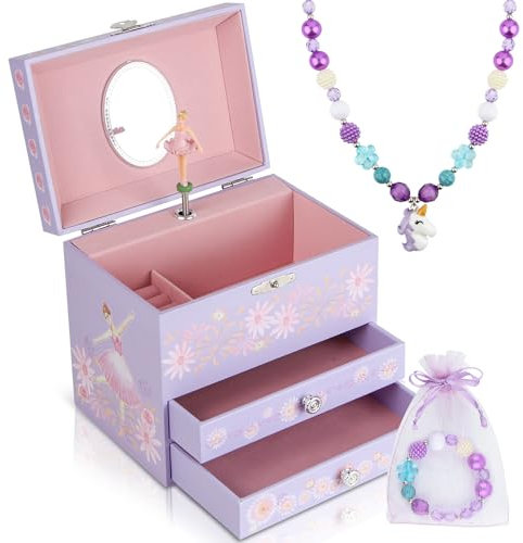 Anyiner Ballerina Schmuckkästchen für Mädchen, Kinder Spieluhr mit drehender Ballerina, 2 Schubladen und Einhorn Schmuckset, Musikkästchen Geschenk für Kinder Mädchen (Ballerina mit Blumenmotiv)