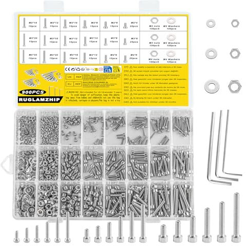 900 Pz Set di Viti M2 M3 M4, Viti Brugola Kit, Bulloni a Esagono Incassato e Dadi e Rondelle, Bulloni e Dadi in Acciaio Inox