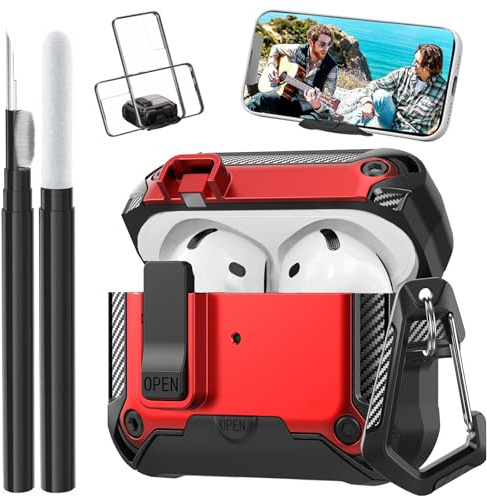 Kompatibel mit Airpods 4 Hülle, Verschlussclip mit Handyständer, robuste Apple Airpods 4. Generation Abdeckung 2024 Männer und Frauen, stoßfeste iPod 4 Gen Schutzhülle mit Reinigungsset, Rot