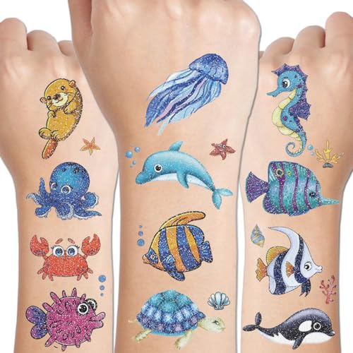 CHARLENT 120 Glitzer Meerestier Tattoos Kinder, Süße Motive | Funkelnde Ozean Tattoos für Jungen und Mädchen mit Meerestieren, ideal für Geburtstage, Partys und Goodie-Bag-Füller