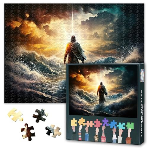 Jesus Puzzles for Adults 1000 Pieces, Figure of Jesus Walks on Water on Beautiful Sunset, Impossible 1000 Piece Jigsaw Puzzles for Home Wall Decor, 19.5 x 27.5 Inch