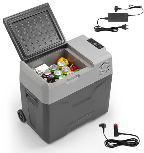 50L Kompressor Kühlbox 12V 24V 230V tragbarer Kühlschrank elektrische Gefrierbox klein Gefrierschrank bis -20 °C für Auto camping, Lkw, Boot und Steckdose mit USB-Anschluss, Teleskopstange Rad