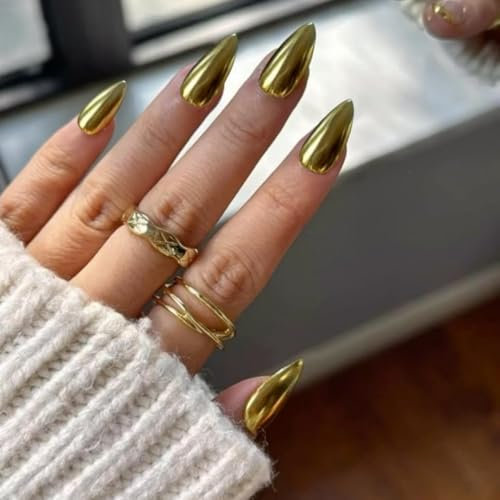 KQueenest Chrome Gold Press on Nails Almond Medium Glitter Metallic False Nails Medium, Luxury Design Acrylic Fake Nails Set with Bling Mirror Effect Stick on Nail for Women Finger Decoration 24 Pcs