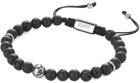 GAVU Bracelet Perle Homme, Bracelet Pierre de Lave, Charm Fleur de Lis