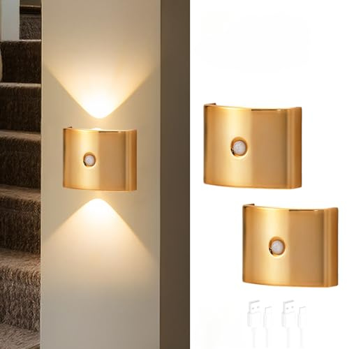 GZZBMY LED Akku Wandleuchte mit Bewegungsmelder Wandleuchten USB Aufladbare Drei Farbtemperaturen Dimmbare Innen Wandbeleuchtung Magnetische für Schlafzimmer Flur Treppenhaus (Gold,2 Stück)