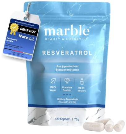 marble® Trans-Resveratrol 1000 mg, 120 vegane Kapseln - 2 Monatsvorrat, aus Japanischem Staudenknöterich 100:1 Extrakt + Piperin, laborgeprüft, Made in Germany - 30 Tage risikofrei testen