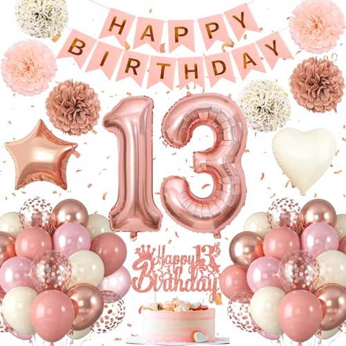 Decoration Anniversaire 13 ans,Ballon Anniversaire 13 An,Or Rose Deco Anniversaire 13 ans fille,Banderole Joyeux, Ballons de Baudruche Rose Gold pour Filles