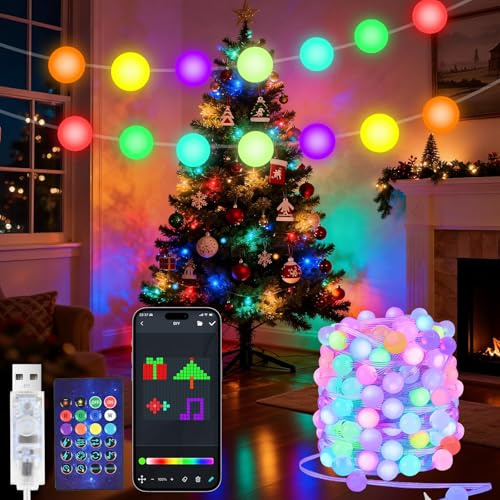 Kugel Lichterkette, 15M 99 LED RGB Lichterketten mit Fernbedienung IP65 Wasserdicht, Farbwechsel Lichterkette APP Sync Musik für Garten Hochzeit Balkon außen Deko Weihnachtsbaum (Kugellichterkette)