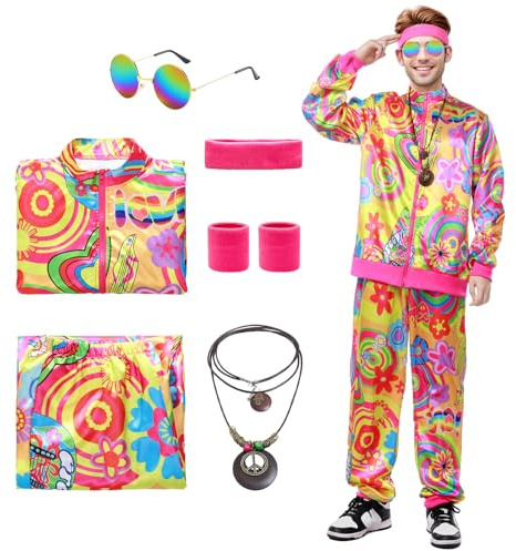 SERTAS 80er Jahre Outfit Herren 90er Retro Trainingsanzug Jogginganzug mit Brille Halskette Stirnband für Karneval Mottoparty