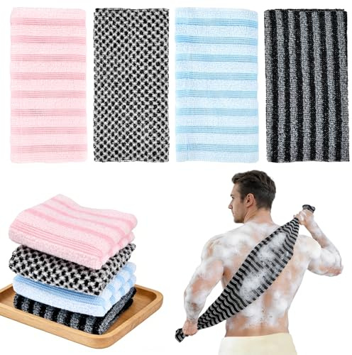Pipihome Japanischer Peeling Badetuch, 4 Stück Rückenschrubber Rückenbürste, Extra Langer Exfoliating Shower Towel, Body Back Scrubber Waschlappen für Männer und Frauen, Badezubehör Reinigung