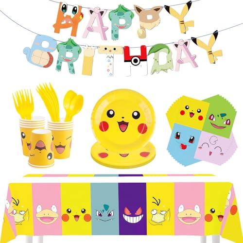 72Pcs Wiederverwendbar Partygeschirr Kindergeburtstag Set, Party Zubehör | Tischdeko Geburtstag Party Set, Happy Birthday Banner Tischdecke Servietten Geburtstagsdeko Kinder