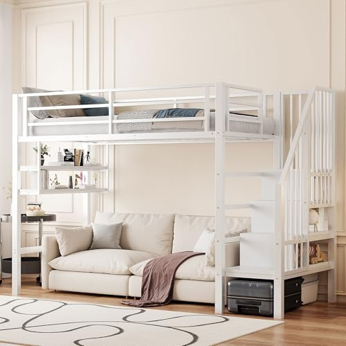 BXEYXE Hochbett, 90 * 200cm, Einlegeböden, Stauraumleiter, Freiraum unter dem Bett zum Verkleiden, Geländer, ohne Matratze, Weiß