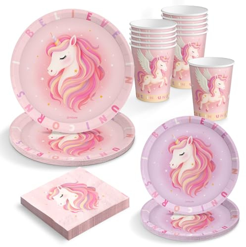 OH YEAH - Kit Vajilla Desechable Unicornio Baby Rosa Fiesta de Cumpleaños 6 Personas - 42 Piezas - Platos, Vasos, y Servilletas Desechables - Decoración Vajilla Cumpleaños Infantil Temático - Kit Mesa