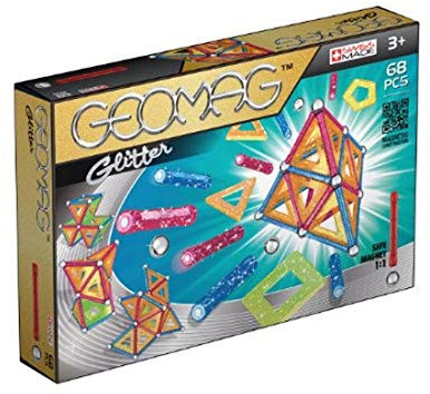 GEOMAG - CLASSIC GLITTER 68 Stück -Magnetische Bausteine für Kinder ab 3-4 Jahren - Herstellung in der Schweiz - 24 glitzernde farbige Stäbe,20 Kugeln,12 Konstruktionsfliesen-Magnetspielzeug - STEM