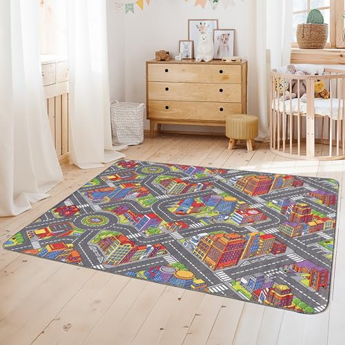 Primaflor Spielteppich Big City - 140x200 cm | Straßenteppich mit Stadt-Motiv | Made in EU | Kinderteppich mit Straßen für Jungen & Mädchen | für Fußbodenheizung | Kurzflor Teppich für Kinderzimmer