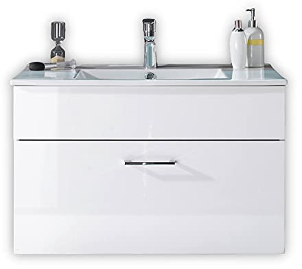 Stella Trading Badezimmer Waschbeckenunterschrank mit Waschbecken in Weiß Hochglanz - Bad Unterschrank mit viel Stauraum - 80 x 50 x 46 cm (B/H/T)