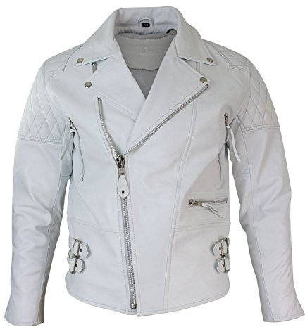 Infinity Leather Mens Cross Zip Cow Hide Padded Biker Jacket White Black Brando Vintage