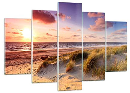 ARTTOR Mehrteilige Bilder auf Glas 150x100cm Glasbild Meer Strand Düne Groß XXL Wanddeko Schlafzimmer Küche Set 5 teilige Wandbilder Dekoration Wohnzimmer Modern Wand Kunstdruck Art GEA150x100-3540