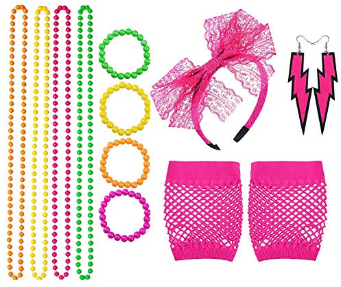 TOPWAYS® 1980s Partei Fancy Dress Zubehör Set, 80er Mädchen Frauen Night Out Party Kleid Perlen Neonhalsketten, Armbänder, Fishnet Netzhandschuhe,Stirnband und Neonohrringe (Pink)