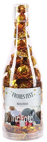 Herz & Heim® Fair Trade Pralinen zu Weihnachten in einer formschönen Flasche mit persönlichem Etikett Foto Frohes Fest