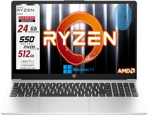 HP 255 G10 Notebook portatile Silver, AMD Ryzen 3 7330 4 core 4.3 Gghz, RAM 24GB, SSD PCi 512GB, display FHD 15.6, Tastiera retroilluminata, Fingerprint, Wi-fi 6, usb, Win 11 Pro, pronto all'uso, ita