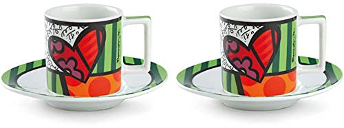 Egan Set of 2 Porcelain Coffee Mugs Cups with Heart and Saucers Britto 90 ml.