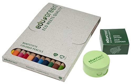 eduGREEN® - 13er-Set - 12 Buntstifte mit Qualitätsmine in Graskarton-Schachtel, 1 Dosenspitzer. Holz aus zertifiziertem Anbau, behandelt mit wasserlöslichem Lack und biologisch abbaubarer Prägefolie