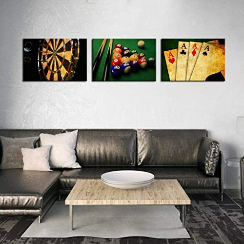 Eppedtul Vintage Wandkunst für Wohnzimmer Retro Poker Darts Billard Bilder Wand Kunstdruck Freizeit Sport Gemälde für Spielzimmer Mann Dekor [50x70cm/20x28inch] x3 Rahmenlos