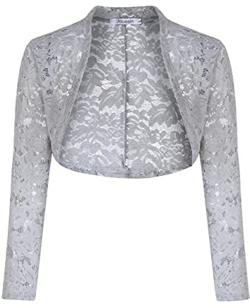 KOJOOIN Mujer Bolero Fiesta Elegante Toreras Chaqueta de Encaje Cárdigan de Manga 3/4 Brazo Vestido de cóctel de Boda Gris 2 S