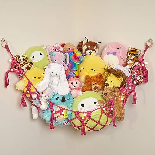 Lilly's Love Macrame Teddy Hammock w/Lights | Toy Hammock for Stuffed Animals | Soft Toy Storage | Cute Room, Bedroom & Home Decor | Large (Pink)
