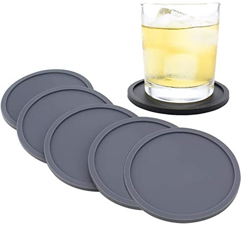 Drink Coasters Set of 6 Cup Pad Mat Grey Round Silicone Rubber Mug Coaster Non Slip,Silicone Non-Slip Washable Cup Mats for Coffee Beer Mug Wine Glass Bottle Home and Bar.
