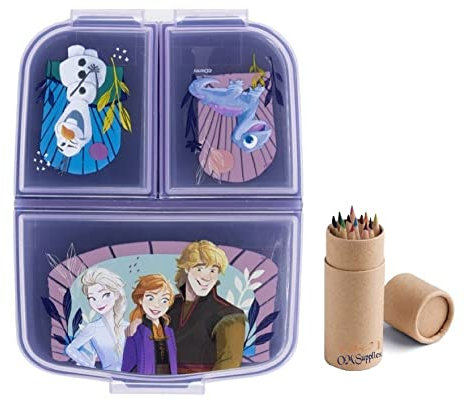 OM SUPPLIES Disney Frozen - Lonchera reutilizable con 3 compartimentos múltiples para niños, escuela, incluye juego de 12 lápices de tamaño medio (congelado)