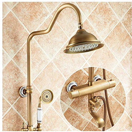 Système de douche thermostatique antique de 8 pouces avec ensemble combiné de douche à eau froide et chaude Ensemble de robinet de douche multifonction à double poignées avec bec de baignoire, pommeau