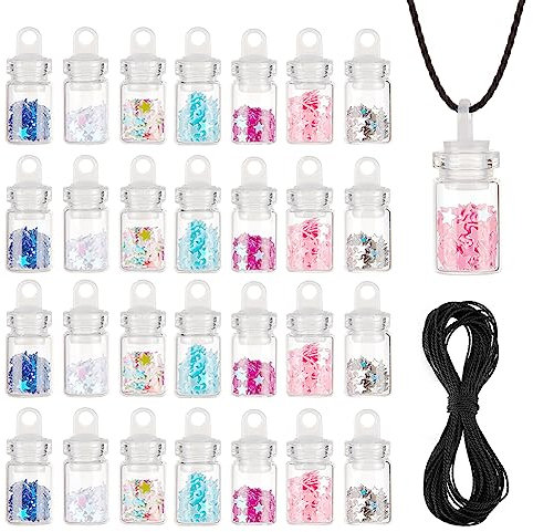 nbeads 28 Stück 7 Farben Wunschflaschenanhänger, Nachfüllbare Flaschen Wunschflaschen Glasflasche mit Stern Glitzer Pailletten/Paillette und gewachstem Polyesterband für Hochzeit Party