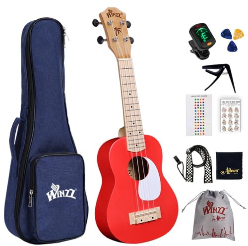Winzz Ukulele Kinder, Ukulele Erwachsene Anfänger Set, Ukulele Sopran 21 Zoll Einsteiger Kit mit 9 Zubehör, Ukulele Geburtstag (Farbe: Rot, Holz)