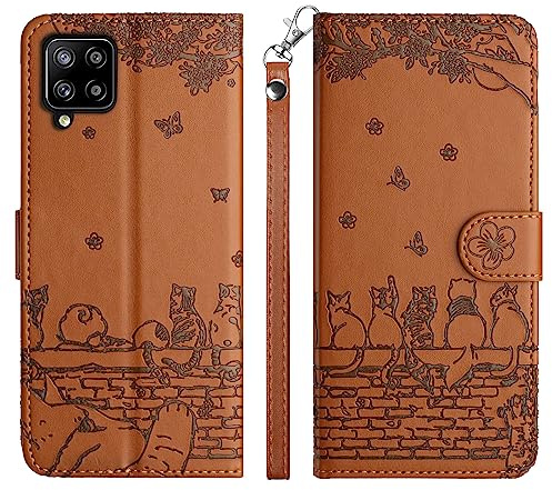 Aisenth Handyhülle für Samsung Galaxy A12/M12 Klapphülle mit Kartenfächer | Katze mit Schmetterling Design,Standfunktion,Kartenfächer,PU Leder,3 Kartenfächer+Geldfach,Stoßfeste,Magnetische,Braun