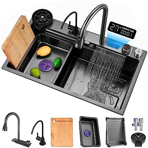 MWIDCIEW Inteligente Fregadero Cocina Acero Inoxidable con Grifos Extraible Fregadero con Cascada Gris Oscuro Multifuncional Fregadero Un Seno Sobre Encimera con LED Temperatura Display (85 x 45 cm)